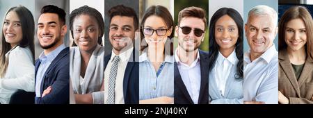 Fröhliche, multiethnische junge und alte Menschen in formeller Aussen-Atmosphäre Stockfoto