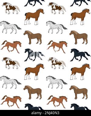 Vektornahtloses Muster handgezeichneter Kritzelskizzen farbiger Pferderassen, isoliert auf weißem Hintergrund Stock Vektor