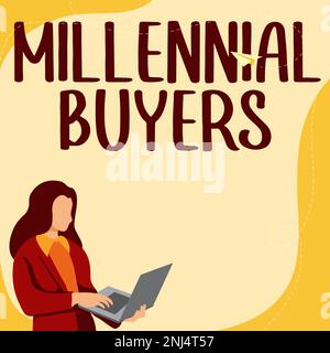 Schreiben von Text Millennial Buyers, Word über die Art der Verbraucher, die an Produkten interessiert sind Stockfoto