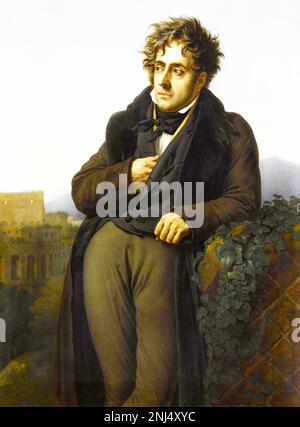 FRANCOIS-RENÉ de CHATEAUBRIAND (1768-1848), französischer Politiker, Diplomat und Schriftsteller. Das Porträt um 1810, das ihm zeigt, wie er auf den Ruinen Roms meditiert. Stockfoto