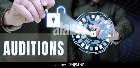 Signatur, die Auditionen anzeigt. Geschäftskonzept eine Testvorstellung, um die Verdienste eines Entertainers zu bewerten Stockfoto