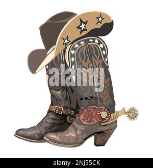 Westliche Cowboystiefel und Hutvektordarstellung. Stock Vektor