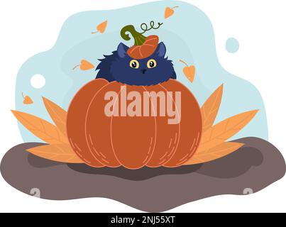 Süße Katze, die in einem Kürbis sitzt, Happy Halloween. Herbstposter-Vektordarstellung Stock Vektor