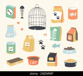 Vektor von Katzen- und Hundefutter. Hundedosen, Katzenfutter konservieren. Sortiment Tierhandlung. Zufuhrplatte. Schüssel mit Tierfutter. Paket mit nassen und trockenen Mahlzeiten. Stock Vektor