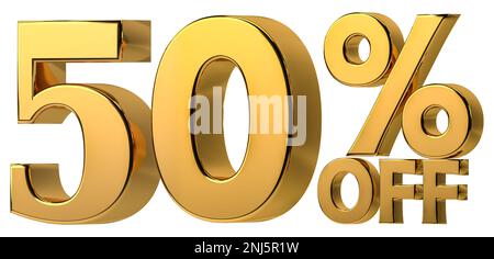 3D goldener Rabatt von 50 % auf transparenten Hintergrund für Verkaufsförderung. Zahl mit Prozentzeichen. Stockfoto