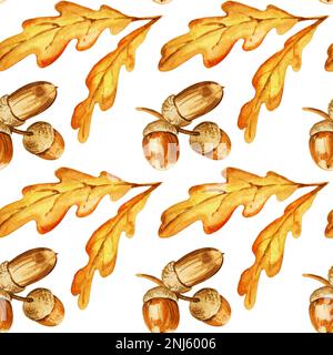 Von Hand gemalte Aquarelle mit Eichenblättern und Eicheln, gelb und orange, Herbstblatt. Ideal für Stoff, Packpapier, Herbstkarten Stockfoto