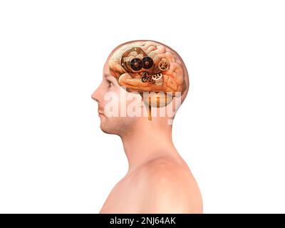 Kopf mit Zahnrädern und Brainstorming-Konzept, Gehirnlast, Gehirnfäden, Zahnräder, zerbrochener Verstand, 3D-Rendern Stockfoto