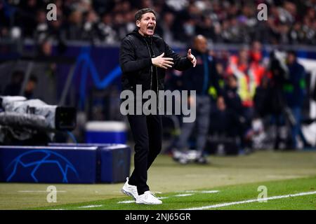 Frankfurt am Main, Deutschland. 21. Februar 2023 Oliver Glasner, Cheftrainer von Eintracht Frankfurt, zeigt Gesten während der UEFA Champions League-Runde des Fußballspiels 16 zwischen Eintracht Frankfurt und SSC Napoli. Kredit: Nicolò Campo/Alamy Live News Stockfoto