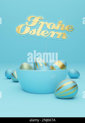 Viele blaue Ostereier mit goldenem Schild und deutschen Wörtern Happy Easter auf blauem Hintergrund, moderner Osterhintergrund, 3D-Rendering Stockfoto