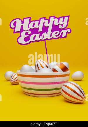 Viele farbenfrohe Ostereier mit einem Schild und den Wörtern Happy Easter auf gelbem Hintergrund, moderner Osterhintergrund, 3D-Rendering Stockfoto