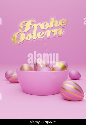 Viele rosafarbene Ostereier mit goldenem Schild und deutschen Wörtern Happy Easter auf rosafarbenem Hintergrund, moderner Osterhintergrund, 3D-Rendering Stockfoto