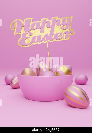 Viele rosafarbene Ostereier mit goldenem Schild und den Wörtern Happy Easter auf rosafarbenem Hintergrund, moderner Osterhintergrund, 3D-Rendering Stockfoto