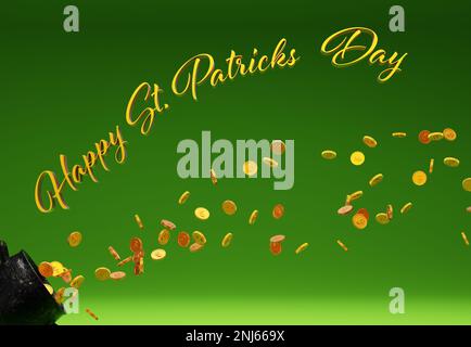 Ein Topf Gold mit dem Text Happy St. Patricks Day auf grünem Hintergrund Stockfoto