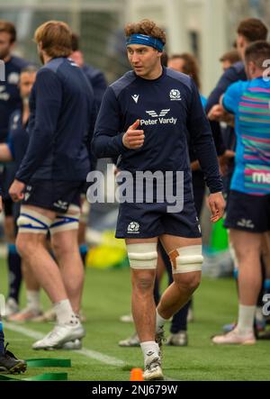 22. Februar 2023: Guinness Six Nations 2023. ScotlandÕs Jamie Ritchie während des Schottland Rugby Squad Trainings, Oriam, Riccarton, Edinburgh. Kredit: Ian Rutherford Alamy Live News Stockfoto