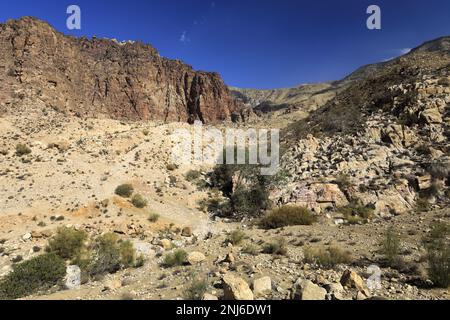 Blick durch das Dana Biosphärenreservat, Wadi Dana, Süd-Zentrum Jordanien, Naher Osten. Jordaniens größtes Naturschutzgebiet Stockfoto