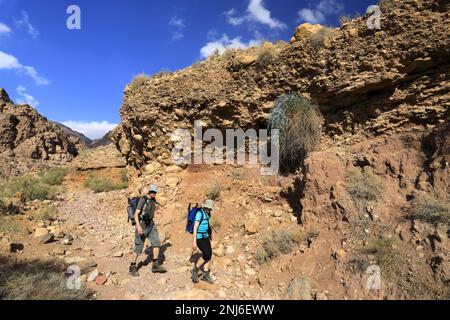 Walkers im Dana Biosphere Reserve, Wadi Dana, Süd-Zentral-Jordanien, Naher Osten. Jordaniens größtes Naturschutzgebiet Stockfoto