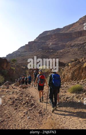 Walkers im Dana Biosphere Reserve, Wadi Dana, Süd-Zentral-Jordanien, Naher Osten. Jordaniens größtes Naturschutzgebiet Stockfoto