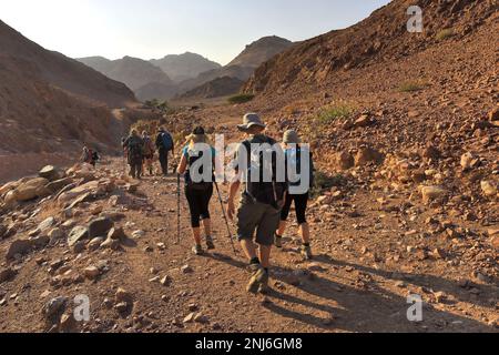 Walkers im Dana Biosphere Reserve, Wadi Dana, Süd-Zentral-Jordanien, Naher Osten. Jordaniens größtes Naturschutzgebiet Stockfoto