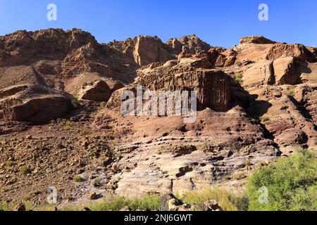 Blick durch das Dana Biosphärenreservat, Wadi Dana, Süd-Zentrum Jordanien, Naher Osten. Jordaniens größtes Naturschutzgebiet Stockfoto