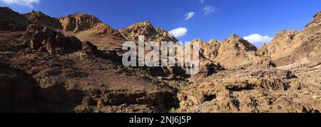 Blick durch das Dana Biosphärenreservat, Wadi Dana, Süd-Zentrum Jordanien, Naher Osten. Jordaniens größtes Naturschutzgebiet Stockfoto