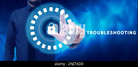 Handgeschriebenes Schild Fehlerbehebung. Geschäftsüberblick eine Untersuchung oder Behandlung der Probleme ist aufgetreten Stockfoto