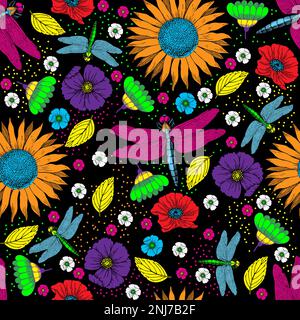 Retro 60s 70s – Libellen und Blumen – Böhmisches, nahtloses Muster mit klassischem Blumenmuster Stockfoto