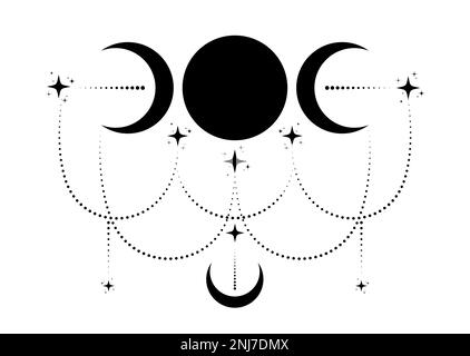 Dreifachmond religiöses Wicca-Zeichen. Wicca-Logo Neopaganismus-Symbol, keltischer Bo-Stil, Tätowierung der Göttin-Ikone, Göttin des Mondes, Halbmond Stock Vektor