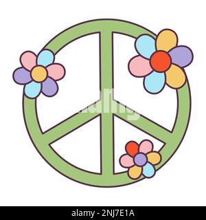 Retro 70s Groovy Hippie Sticker Friedenssymbol mit Blumen. Psychedelisches Cartoon-Element - eine flippige Illustration im klassischen Hippie-Stil. Vektor flach Stock Vektor