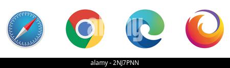 Browser-Logo-Vektorsatz. Chrome, Firefox, Safari, Edge. Stock Vektor