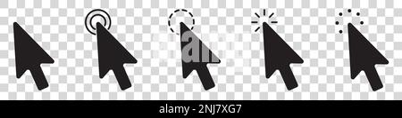 Graue Pfeilsymbole des Mauszeigers des Computers und Symbole zum Laden von Symbolen. Satz von Hand-Cursor-Symbolen klicken und Cursor-Symbole klicken. Vektordarstellung. Stock Vektor