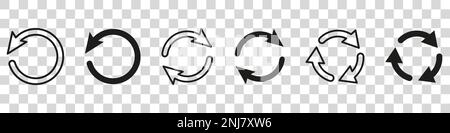 Satz von Vektorsymbolen für Kreispfeile. Recycling-Symbol. Kreisförmige Vektorpfeile. Pfeilsymbol "Aktualisieren und erneut laden". Pfeile flaches Zeichen. Stock Vektor