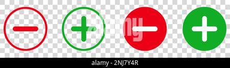Plus- und Minus-Symbolform-Schaltflächensatz. Hinzufügen, Zoomen, Kreuzen, positives Logo-Symbol. Abbrechen, Löschen, negatives Zeilenzeichen beenden. Stock Vektor