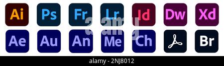 Adobe-Produkt. Logo-Satz von adobe-Produkten: adobe, Illustrator, photoshop, Creative Cloud, After Effects, lightroom. Stock Vektor