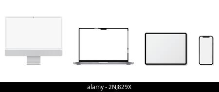 Modell des Gerätebildschirms. Set aus Smartphone, Tablet, Laptop und Monitor, Modell mit leerem Bildschirm. Vektordarstellung Stock Vektor