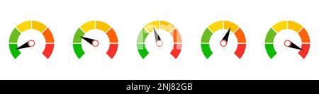 Vektordarstellung der Geschwindigkeitsanzeige. Sammlung von bunten Tachometerzeichen mit Pfeil. Kundenzufriedenheitsindikatoren. Stock Vektor
