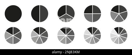 Kreise geteiltes Diagramm 3, 10, 7, Diagrammsymbol Kreisform Schnittdiagramm. Segmentkreis rund Vektor 6, 9 Infografik. Stock Vektor