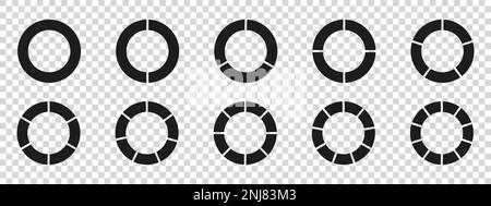 Kreise geteiltes Diagramm 3, 10, 7, Diagrammsymbol Kreisform Schnittdiagramm. Segmentkreis rund Vektor 6, 9 Infografik. Stock Vektor