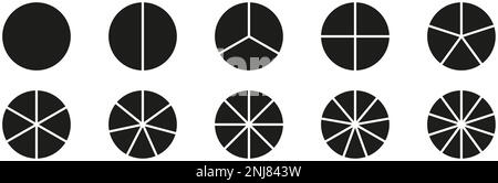 Kreise geteiltes Diagramm 3, 10, 7, Diagrammsymbol Kreisform Schnittdiagramm. Segmentkreis rund Vektor 6, 9 Infografik. Stock Vektor