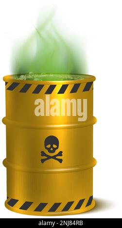 3D realistisches Vektorsymbol zur Darstellung des gelben Fasses für Giftmüll. Isoliert auf weißem Hintergrund. Stock Vektor