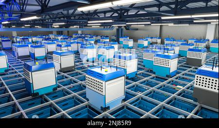 3D-Rendering, modernes automatisiertes Lager ohne Personal Stockfoto
