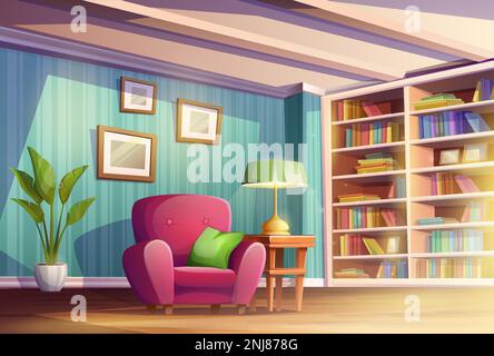 Cartoon-Vektordarstellung. Gemütliches Heim Wohnzimmer oder Schrank mit Platz zum Lesen von Büchern. Bibliothek mit Bücherregalen, Stuhl und Lampe. Stock Vektor