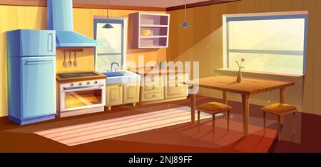 Vektor-Cartoon-Darstellung eines Küchenzimmers. Speisesaal mit Holztisch. Kühlschrank, Ofen mit Herd und Kochfeld, Spüle, Abinets und Stock Vektor