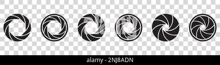 Blendensymbolsatz. Blende für Kameraobjektiv. Symbole für den Kameraauslöser. Stock Vektor