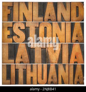 Baltische Staaten, Finnland, Estland, Lettland und Litauen - isoliertes Wort abstrakt in altem Letterpressenholz Stockfoto