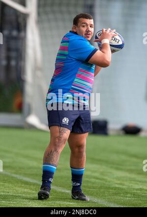 22. Februar 2023: Guinness Six Nations 2023. ScotlandÕs Javan Sebastian während der schottischen Rugby-Einheit Training, Oriam, Riccarton, Edinburgh. Kredit: Ian Rutherford Alamy Live News Stockfoto