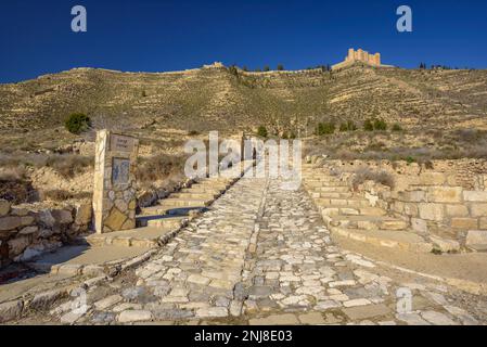 Überreste der Altstadt von Mequinenza, die nach dem Bau des Ribarroja-Reservoirs zerstört wurden. Im Hintergrund befindet sich die Burg von Mequinenza, Aragon Stockfoto