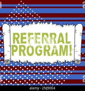 Schreiben mit Anzeige von Text Referral Program. Geschäftskonzept, den eigenen Patienten zur Behandlung an einen anderen Arzt zu schicken Stockfoto