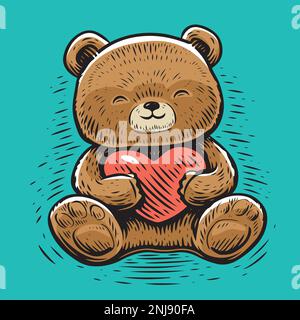 Fröhlicher, süßer Teddybär mit einem Herz in den Pfoten. Lustiges Spielzeug. Valentinstag, Liebeskonzept. Cartoon-Vektordarstellung Stock Vektor