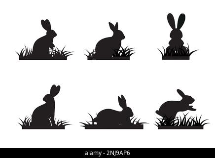 Osterbild mit Kaninchen und Gras und Eiern. Osterhintergrund mit Kaninchen und ostereiern. Silhouettenvektorgrafiken. Eps 10 Stock Vektor