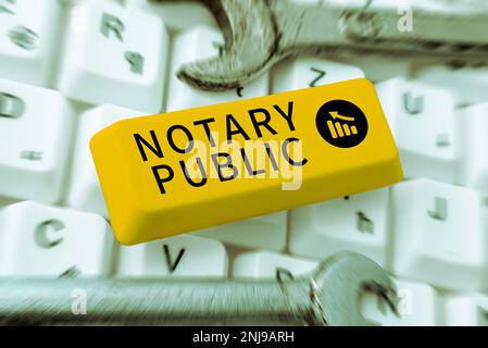 Textschild mit Notar. Wort zum Legality Documentation Authorization Certification Contract Stockfoto